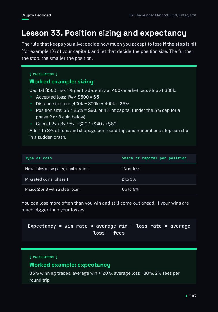 Page 107 of Crypto Decoded, showing the worked position-sizing example